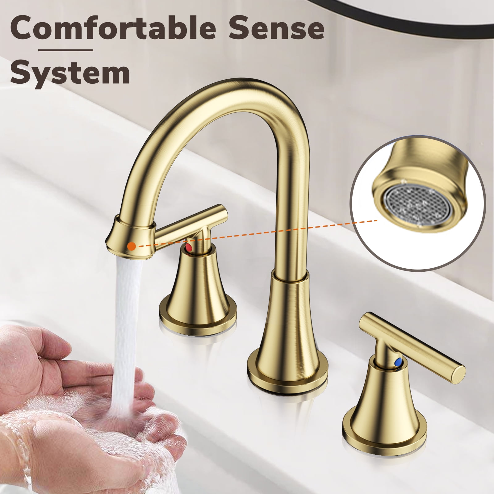 KINGTACK Bathroom Faucet for Sink 3 Hole, 8 Inch Bathroom Faucets with Pop-up Drain and Supply Lines, Brushed Gold