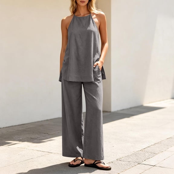 Cagogo Women's Halter Neck Sleeveless Tank Top Pants Set Solid Casual Boho Beach Outfit Two Piece Lounge Set Summer Cruise Vacation Clothes, Gray S