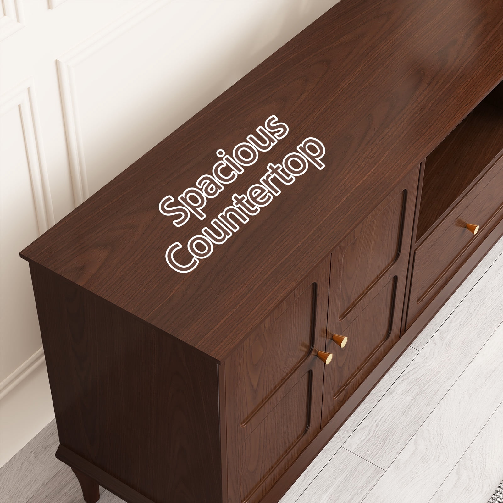 HLR Mid Century 67" TV Stand, for TVs up to 75", Living Room Entertainment Center with 4 Door Storage Cabinet, Brown