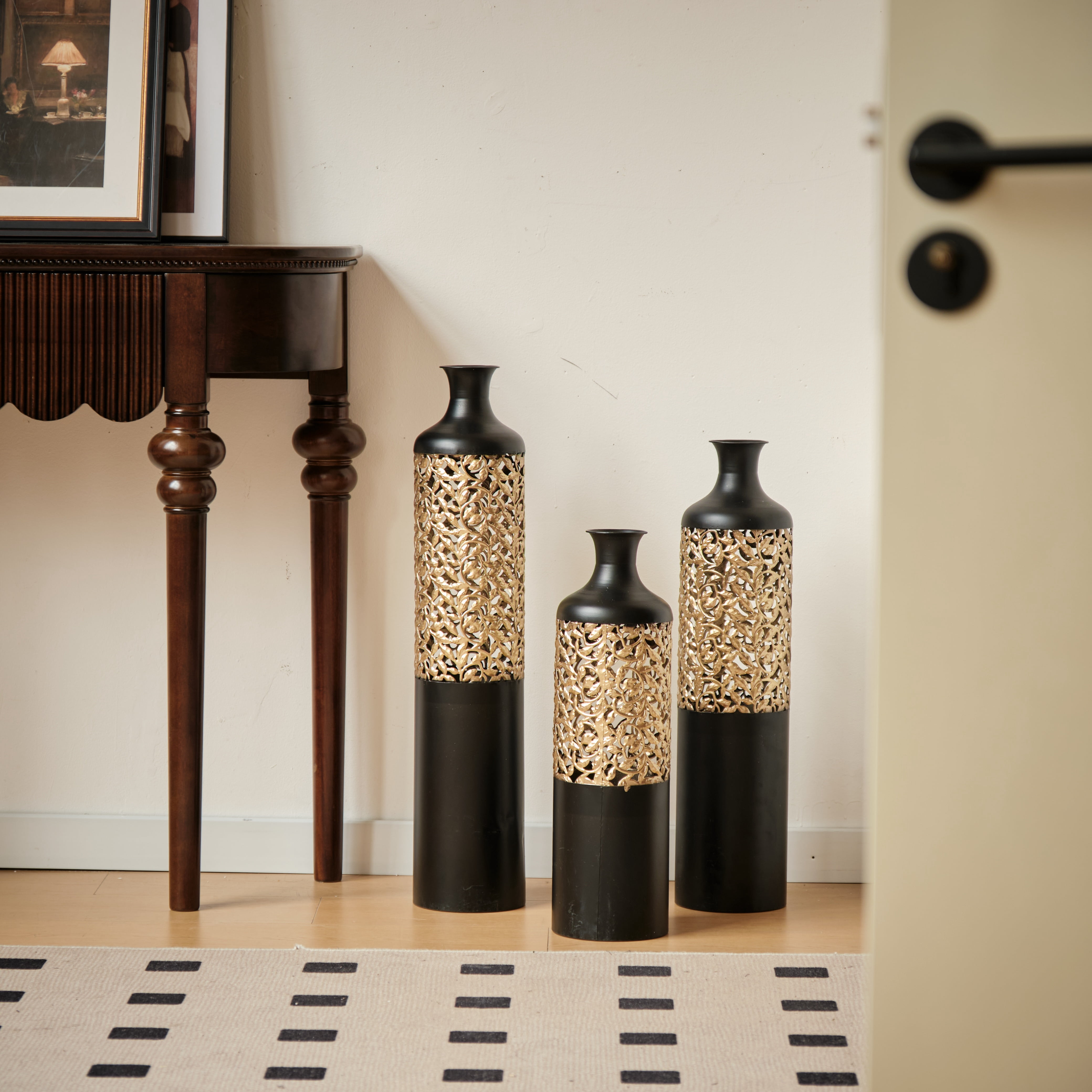 Aukfa Metal Decorative Tall Floor Vase,Set of 3 Large glazed Vases,20.8"/ 24.8"/28.7" H,Black