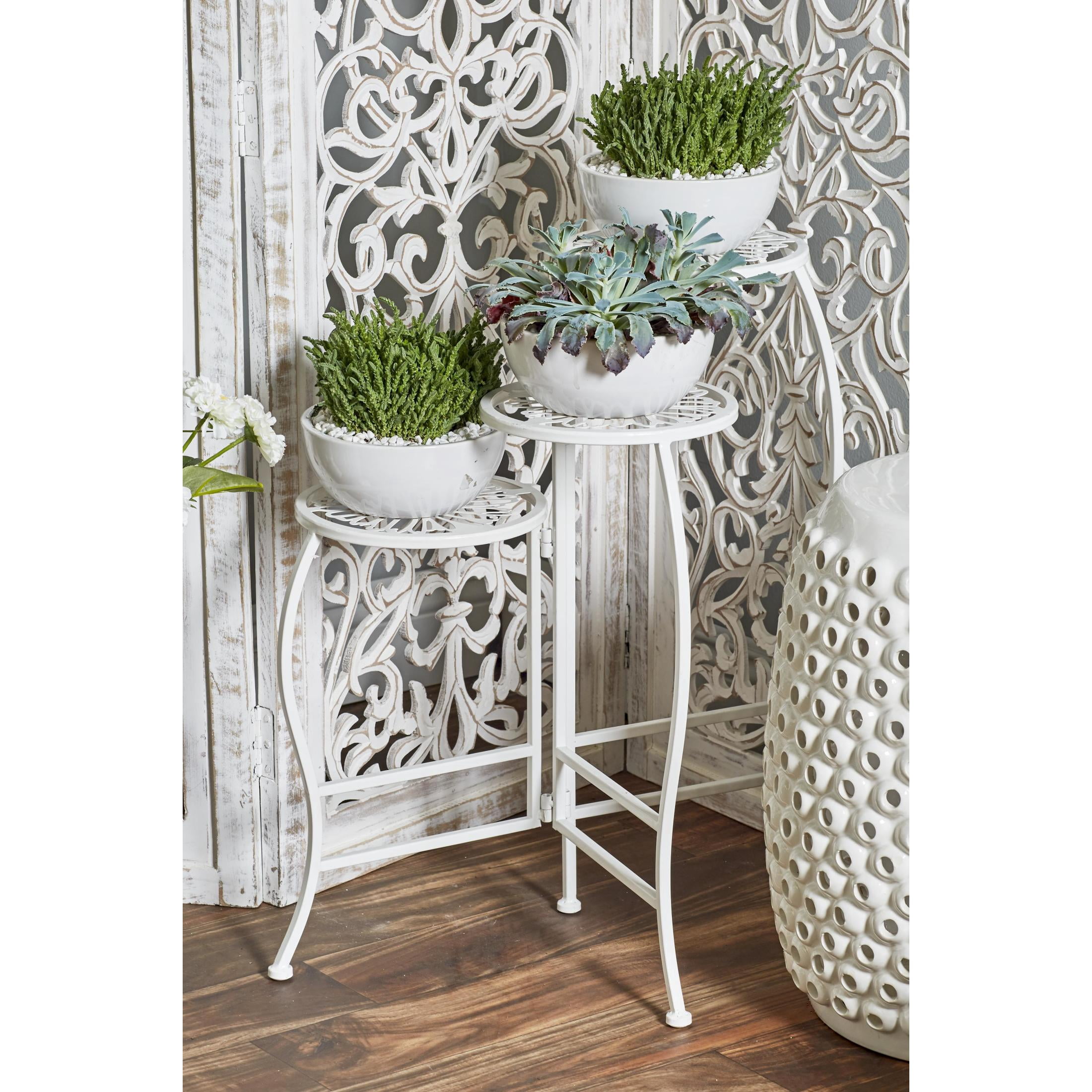 DecMode 21" x 15" x 24" 3 Tier White Metal Floral Plantstand