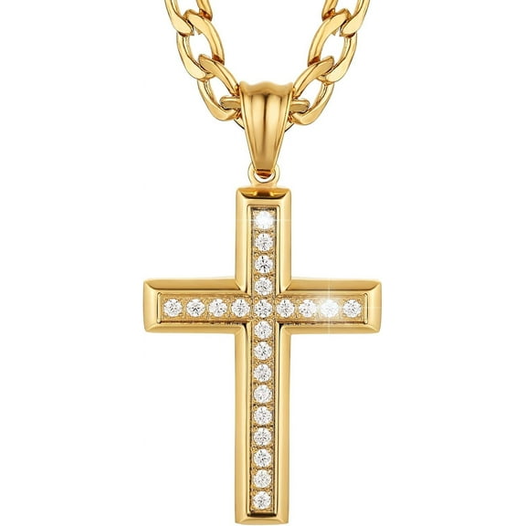 24K Gold-Plated Solid CZ Cross Necklace for Men Women Stainless Steel Religion Jewelry with 24 Inch Figaro Chain