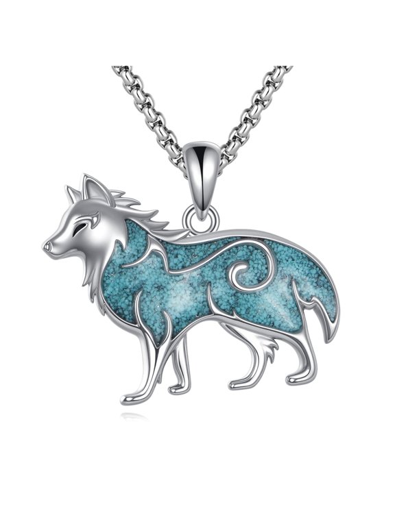 Wolf Necklace 925 Sterling Silver Wolf Turquoise Pendant Necklaces Animal Jewelry Gifts for Women Men