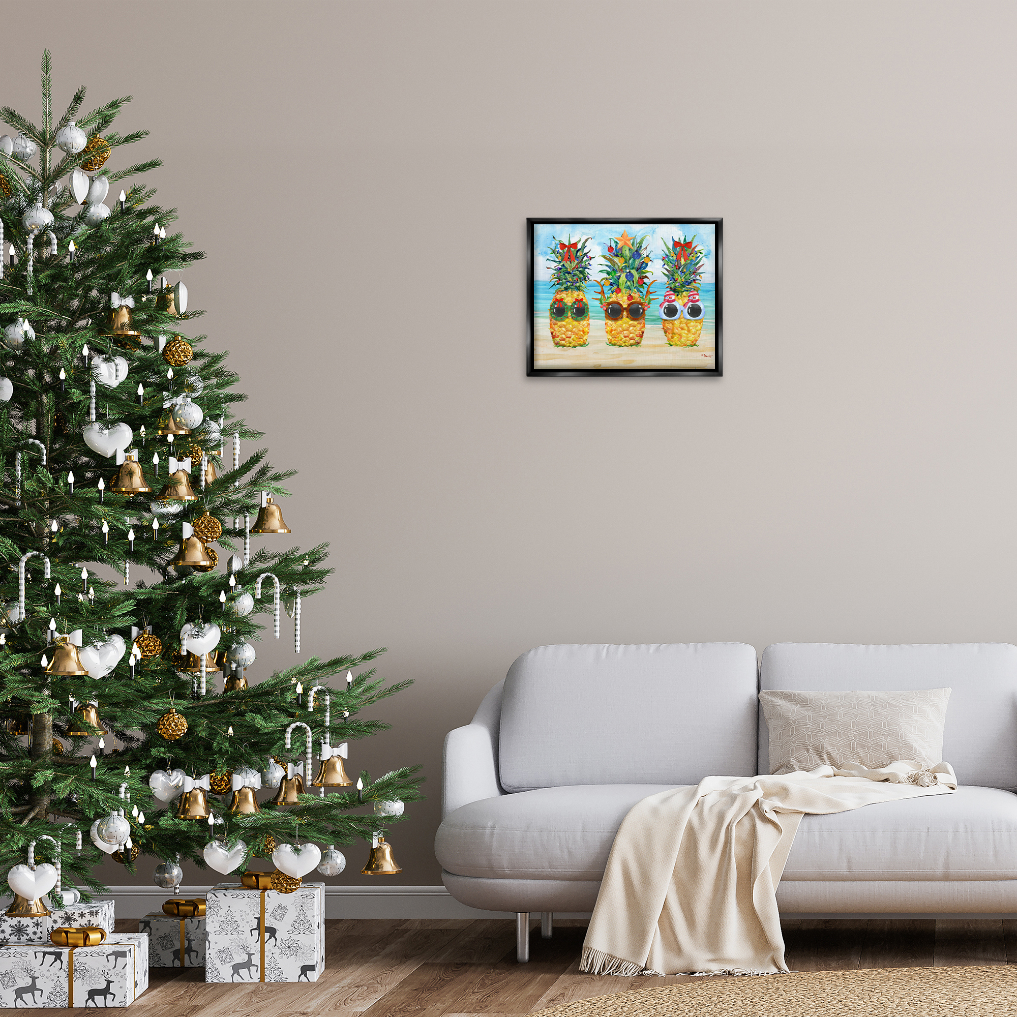Stupell Industries Christmas Cool Pineapples Holiday Painting Black Floater Framed Art Print Wall Art, 21 x 17