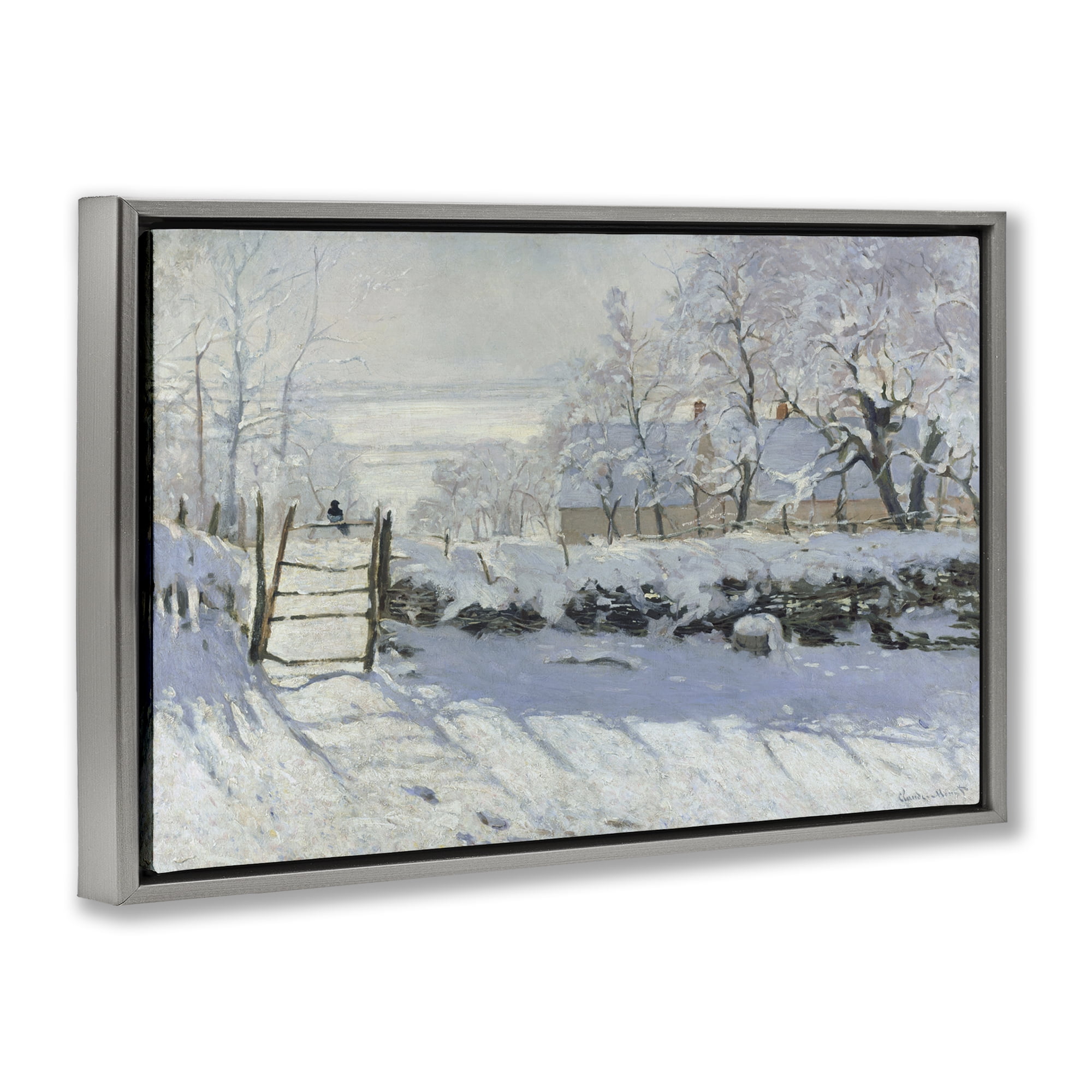 Stupell Industries Classic Monet The Magpie Landscape & Nature Painting Gray Floater Framed Canvas Art Print Wall Art, 25 x 17