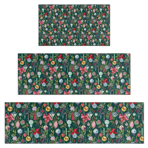 Dark Green Christmas Ornament Pattern Kitchen Rugs Sets Of 3,Kitchen Runner Rugs Non Skid Washable,Decorative Kitchen Floor Mats for Kitchen,Sink,Laundry,17"x30"  17"x47"   17"x59"