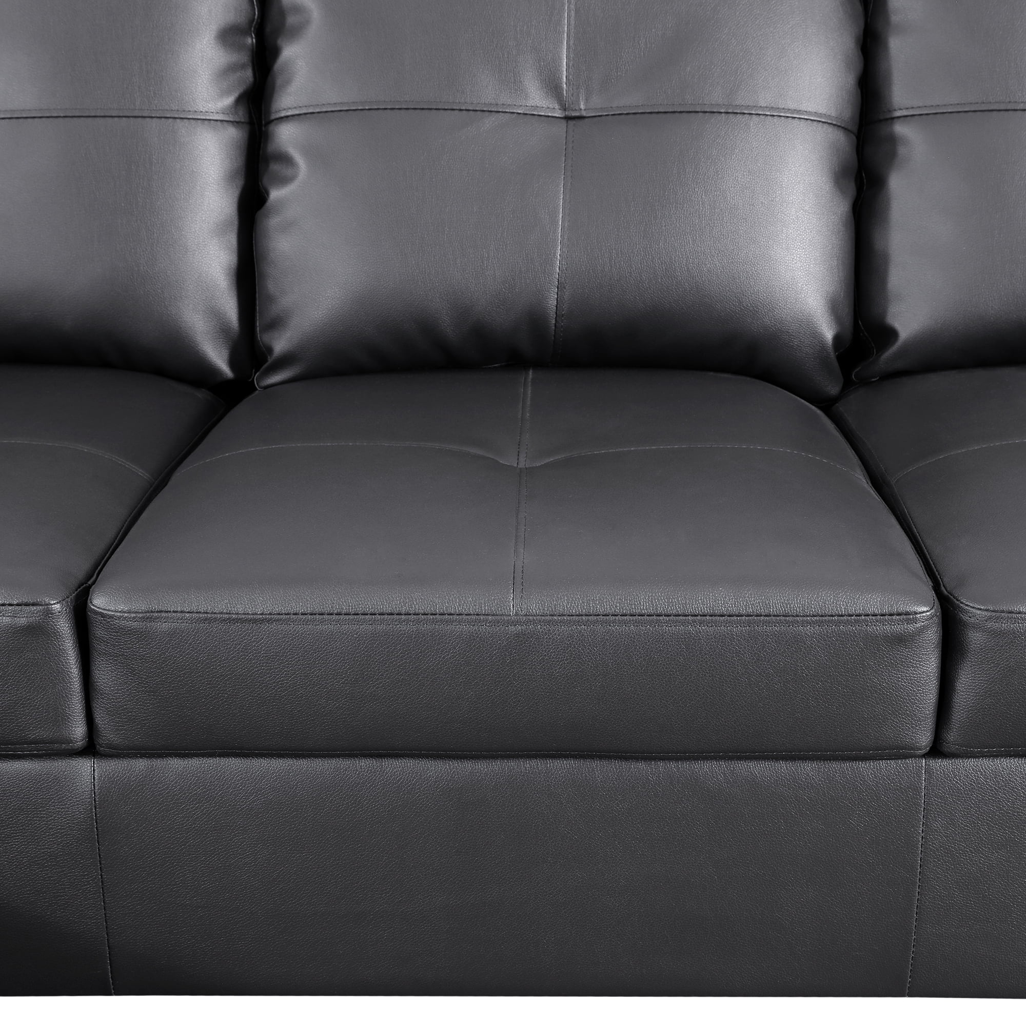 Prilinex L Sofa Couch, Modern 4-Seaters Living Room Furniture Sets with Chaise Lounge, Ottoman & 2 Pillows, Faux PU Leather for Living Room/Apartment/Office/Bedroom, Black