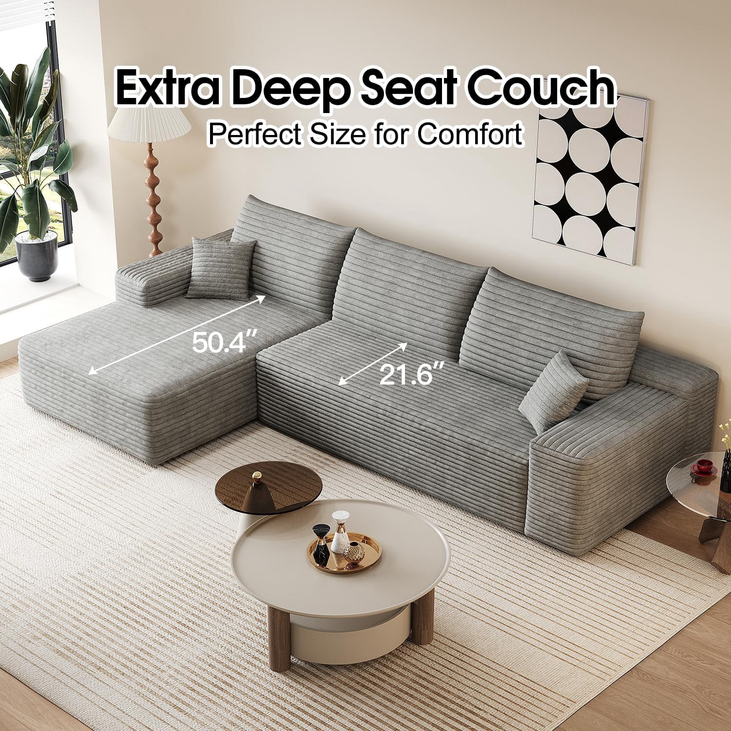 Sailvan 107" Cloud Sectional Couch, Cloudy Sofa with L-Shape Chaise, Upholstered Couches for Living Room & Bedroom, No Assembly Required, Plush Corduroy Fabric, Gray