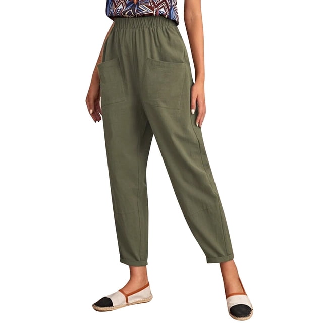 Gibobby pantalones de mezclilla para mujer Pantalones de algodón y lino para mujer, pantalones informales con cintura elástica, pantalones con bolsillo (Verde, S)
