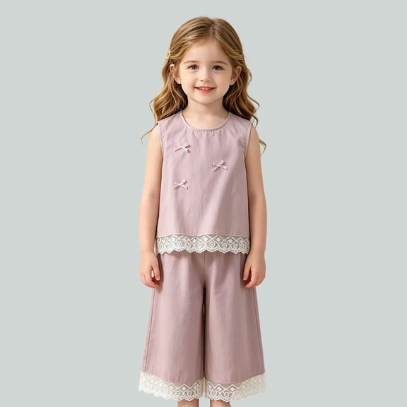 Angala Outfit for Toddler Girls Bowknot Ruffled Lace Vest Shorts Daily Wear Girl Summer Set