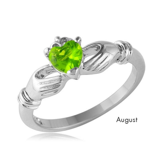 Rhodium Plated Sterling Silver 925 August Simulated Claddagh Ring Green Cubic Zirconia Female Size 8