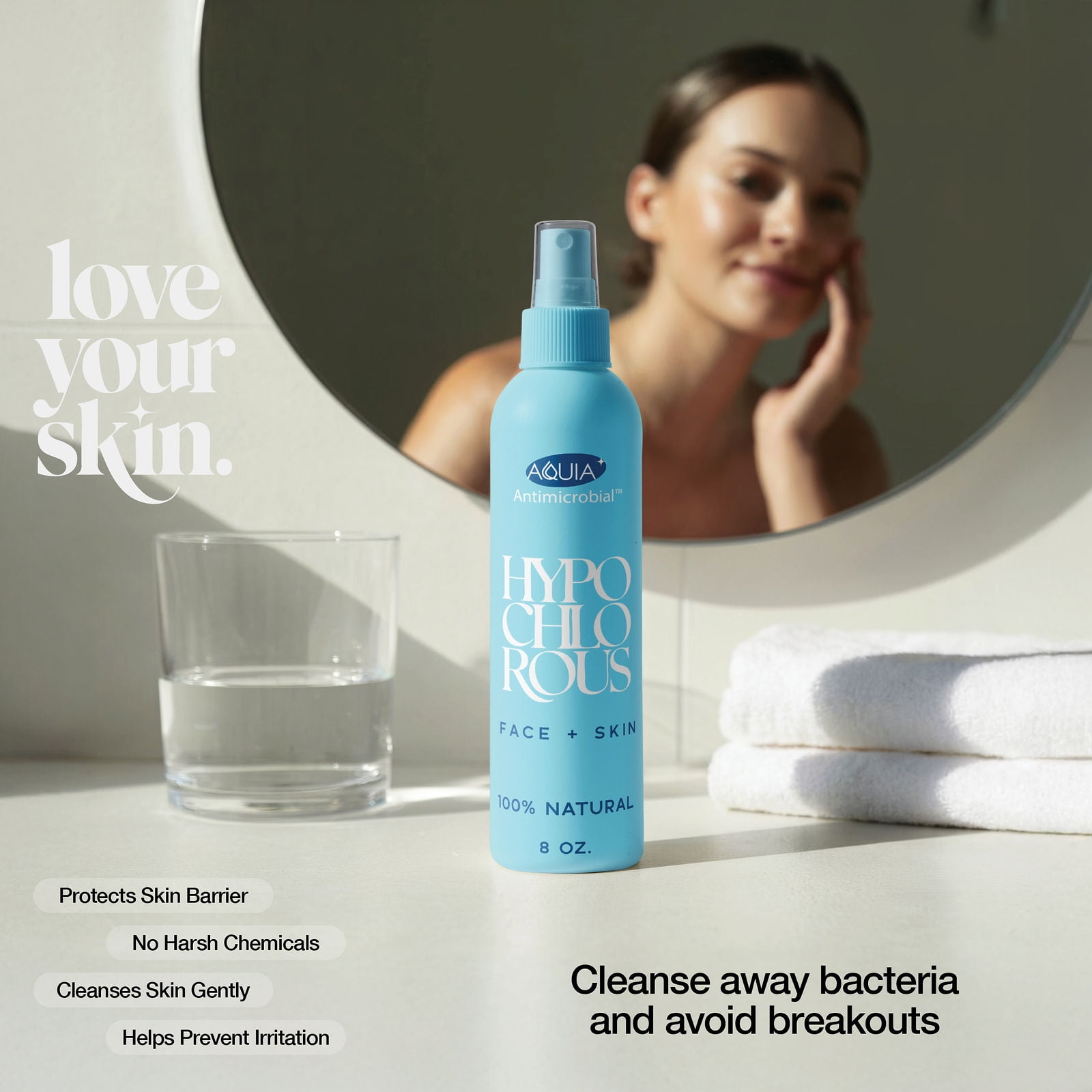 Hypochlorous Acid Spray for Face and Skin; Facial Cleanser | 8oz Face Mist Hypochlorous Acid Spray for Skin, Acne, Rash, Eczema, Wound | Aquia Antimicrobial Facial Cleanser Acne Sprays; Smart Skincar
