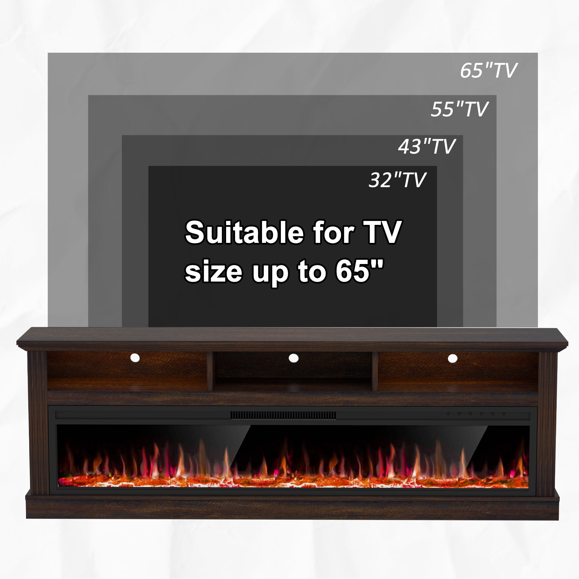 HARIPUL 58" Fireplace TV Stand for TVs Up to 65" with 52" Electric Fireplace,White Entertainment Center with Storage Cabinets,Led Light TV Consoles for Living Room,Brown/Log Fireplace