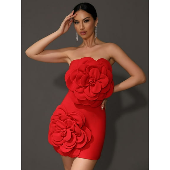 Women Summer Celebrity Sexy Strapless Backless Flower Red Mini Bodycon Dress 2024 Elegant Evening Club Party Outfit