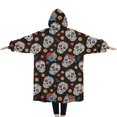 thumbnail image 2 of Oversized Wearable Blanket Hoodie,Black Colorful Skull Flower Pattern Sherpa Blanket Hoodie with Super Pockets,Super Warm Fuzzy Pullover for Women & Men, 2 of 6
