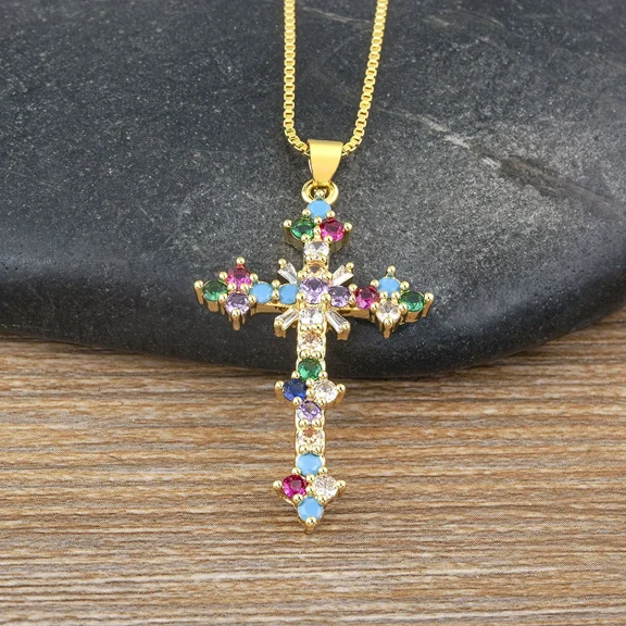 Ins New Arrival Fashion Religion Simple Personalized Cross Pendant 14K Yellow Gold 5 Colors Anniversary Zircon Jewelry