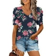 thumbnail image 2 of USSUMA T-Shirts for Women Trendy Floral Marble Print Women's Shirts and Blouses Puff Sleeve Female Tops Dressy Casual Summer Ruched Elegant V Neck Plus Tunics Beach, 2 of 8
