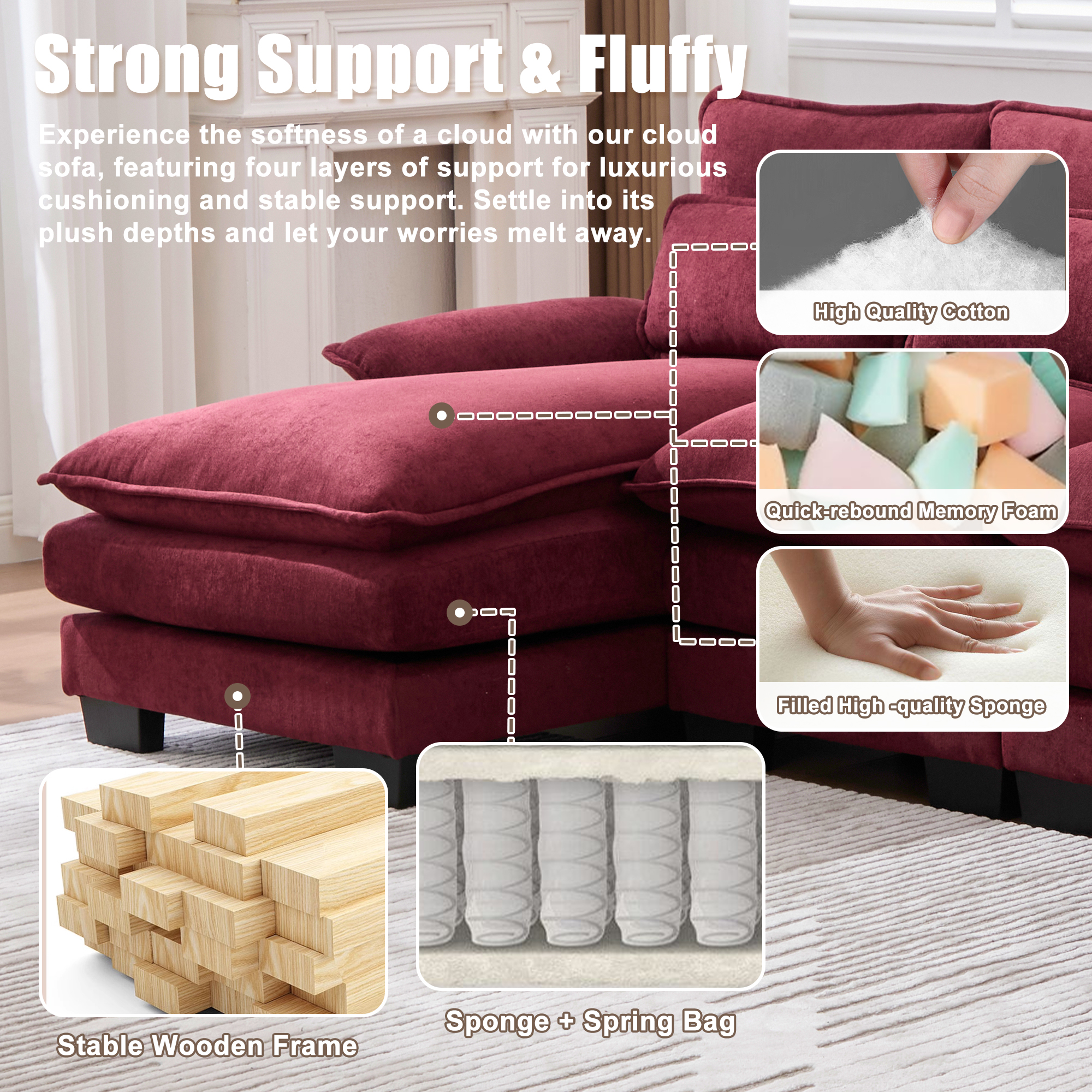 MOONMISS Chenille Upholstered U-Shaped Modular Wood Frame Sleeper Sectional Sofa with Double Chaise-Claret Red