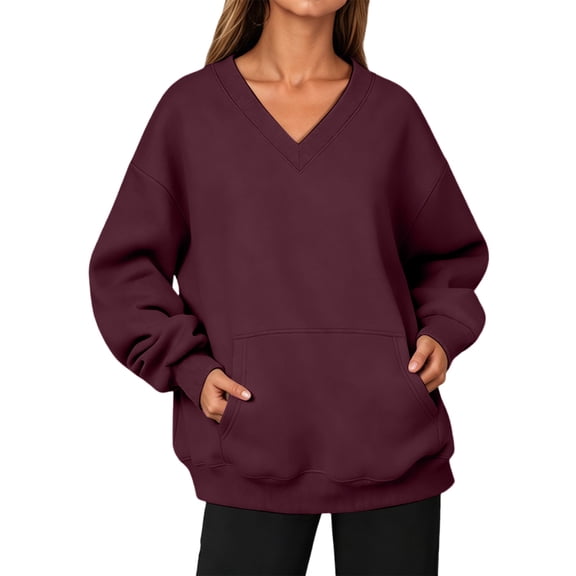 VV AVEORS Womens Sweatshirts No Hood Loose Fit Long Sleeve V Neck Casual Sweatshirt Fall Fashion Comfort Winter Hoodless Hoodies Wine M