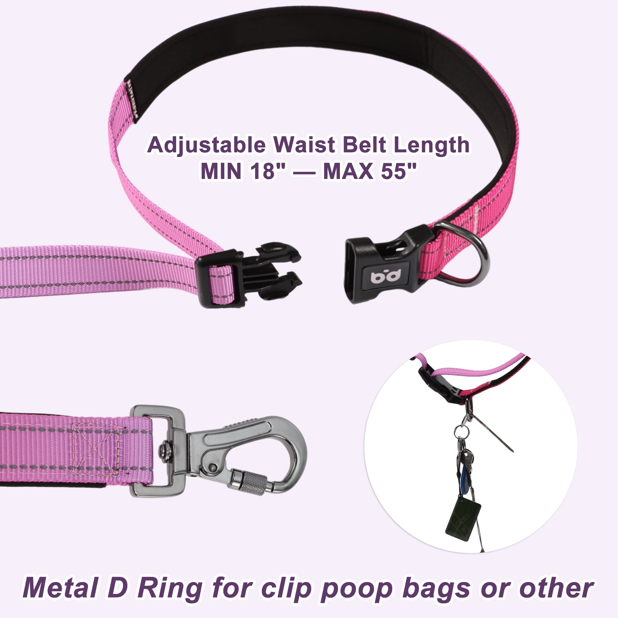 Unique Bargains Hands Free Dog Leash No Pull Bungee Dog Leash for One Large Dog Up to 440 Ib W/ Car Seatbelt Rose Red