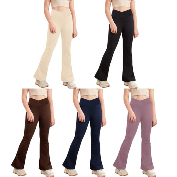 Uccdo Little Girls Athletic Yoga Pants V Cross High Waist Wide Leg Workout Flare Pant Bell Bottoms Leggings, 4-10 Years