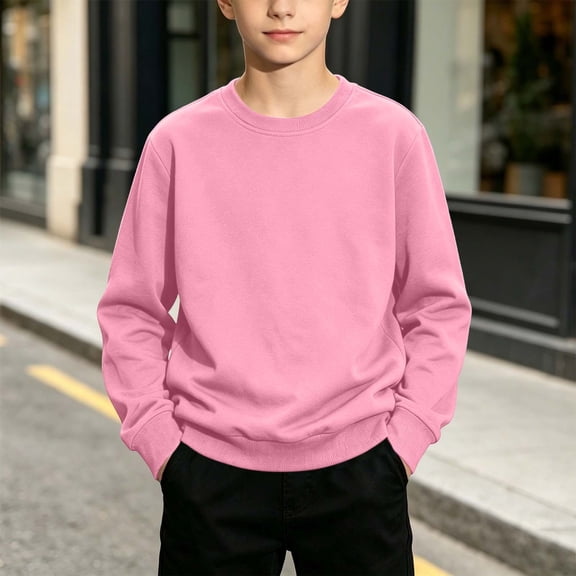 SGFCWSX Boys Crewneck Sweatshirt Fleece Pullover Long Sleeve Relaxed Fit Solid Color Casual Daily Wear Pink Size 7