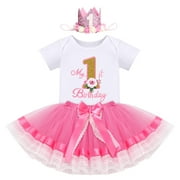 FYMNSI Baby Girl First Birthday Outfit Flower Theme Cotton Short Sleeve Romper Tutu Tulle Skirt Crown Headband 3pcs Set 1Y Hot Pink