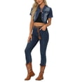 thumbnail image 3 of INSPIRE CHIC Women's Turndown Collar Short Sleeve Cropped Washed Denim Crop Jean Jacket Blue XL, 3 of 7