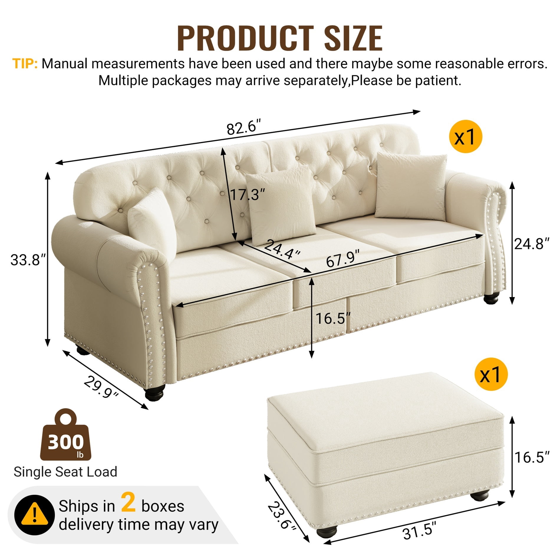 Alvantor 83" Cloud sofa with Ottman, Upholstered Velvet Couch with Nailhead Trim and Rolled Armrests, Mid-Century Modern Sofa for Living Room Beige