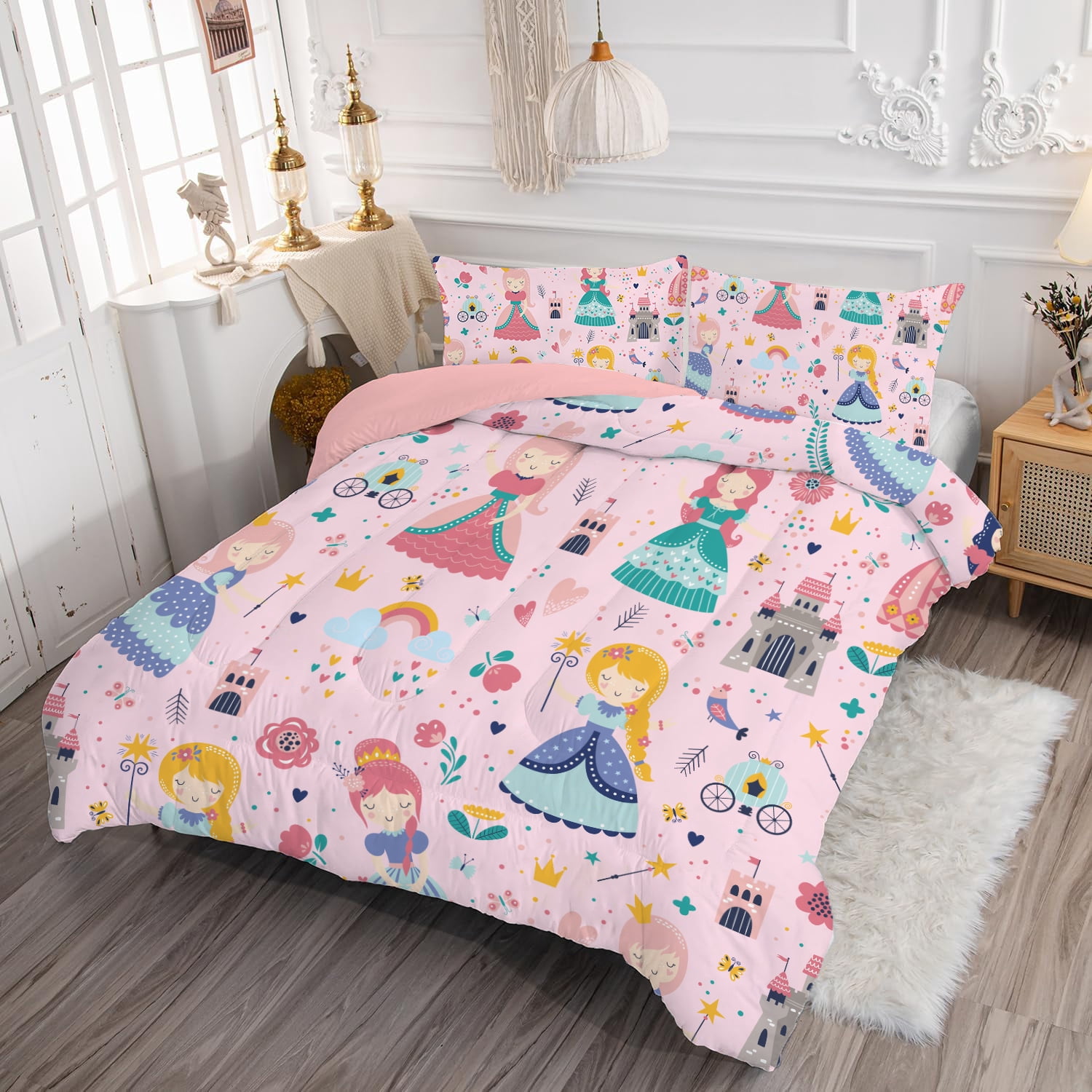 JJCOITR Pink Comforter Set Princess Fairy Castle Printed Pattern Quilt Bedding Set with 1 Comforter and 2 Pillowcases for Girls Kids Twin Size