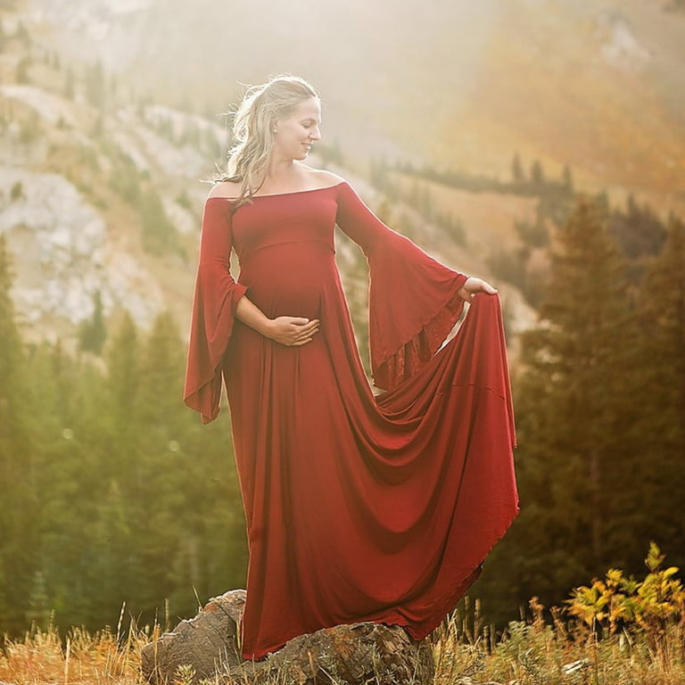 Mrzhqd Maternity Dress For Photoshoot Pregnants Sexy Photography Props Off  Shoulders Maternity Solid Dress Red 3Xl - Walmart.com