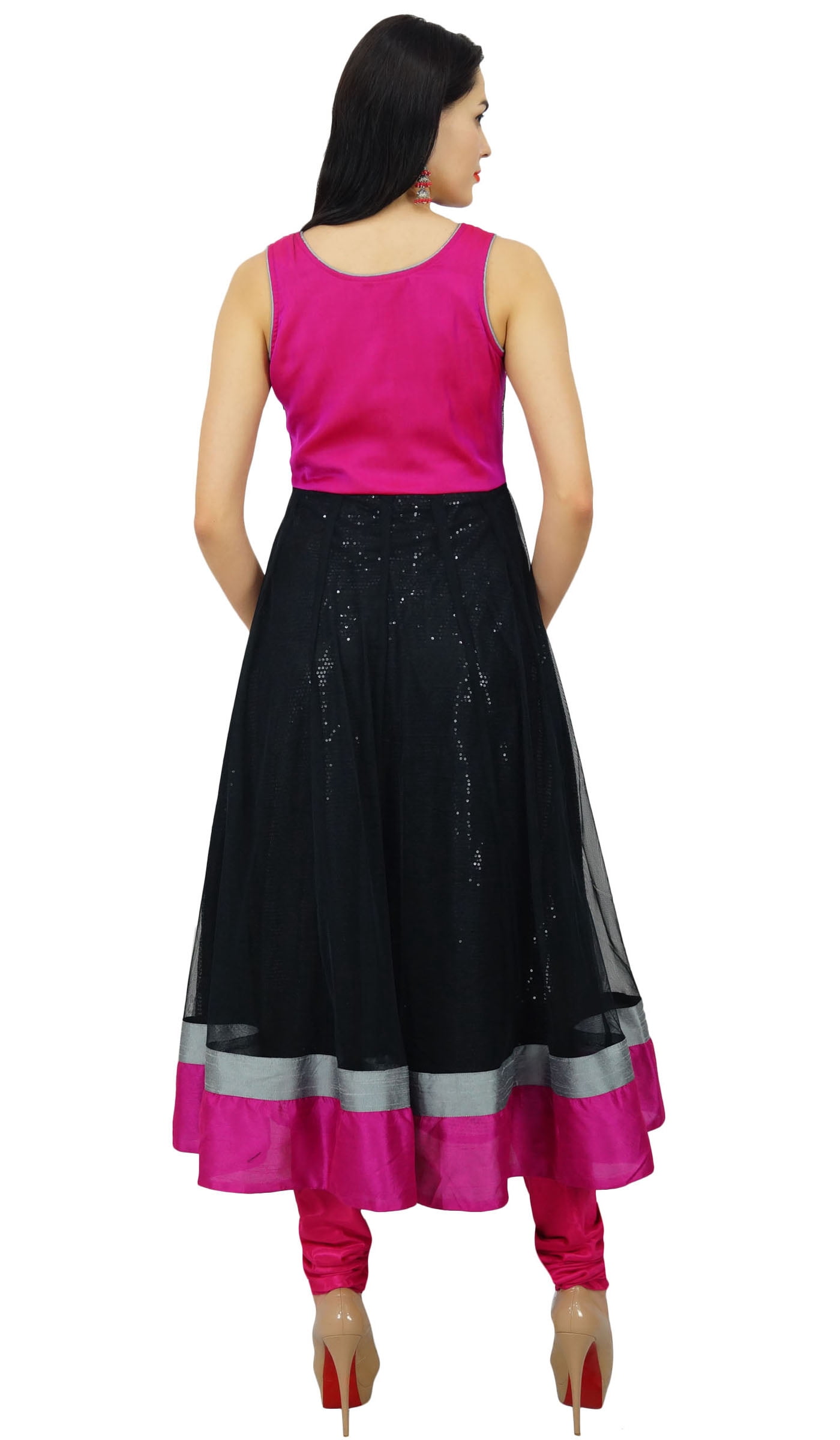 Bimba Women's Black Anarkali Kurta – Flared Designer Dress, Sleeveless, Net & Sequins, 50\" Length, Indian Bollywood Style - View #13