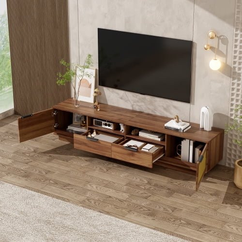 78-Inch TV Stand for TVs up to 85", Modern Rattan Media Console with 2 Drawers & Open Shelving, Soft-Close Doors, Cable Management, Entertainment Center for Living Room