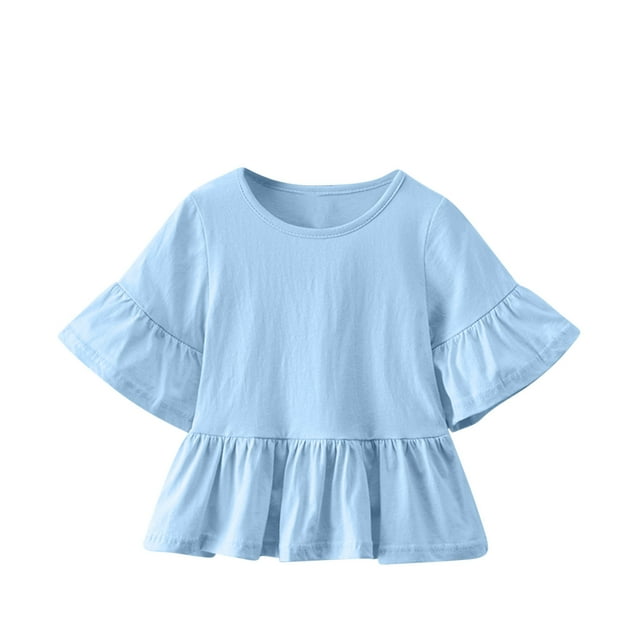 WRKEKC Chemises à Manches Longues pour Filles, T-Shirts à Manches Longues pour Filles, Chemises Unies Mignonnes Évasées Col Rond à Volants Blouses Décontractées