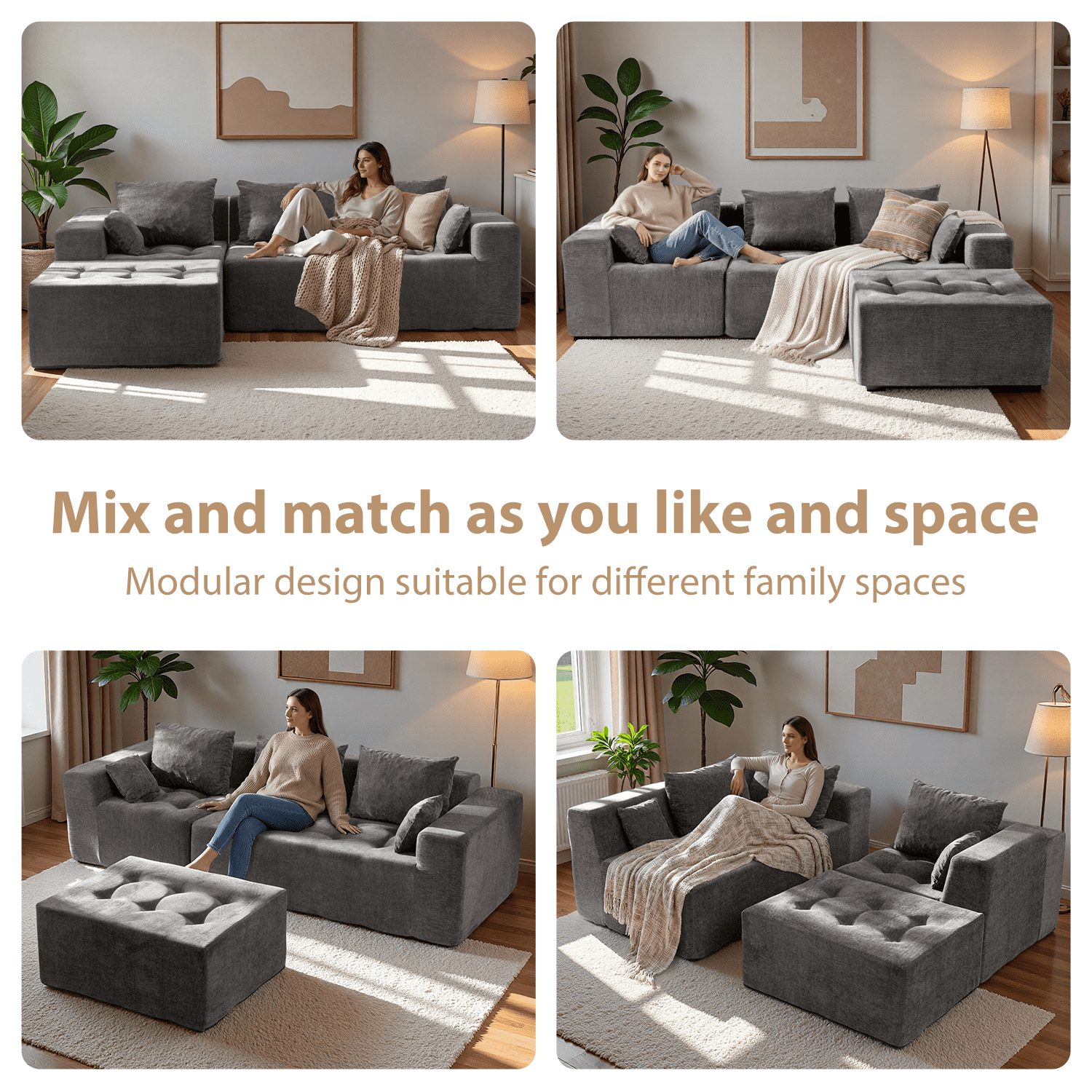 BYBYME Cloud Sectional Couch with L-Shape Chaise Modern Comfy Modular Chenille Sofa for Living Room,Tufted 4-Seat Sleeper Chair with 1 Ottoman,Sofa in A Box,No Assembly Required,Grey
