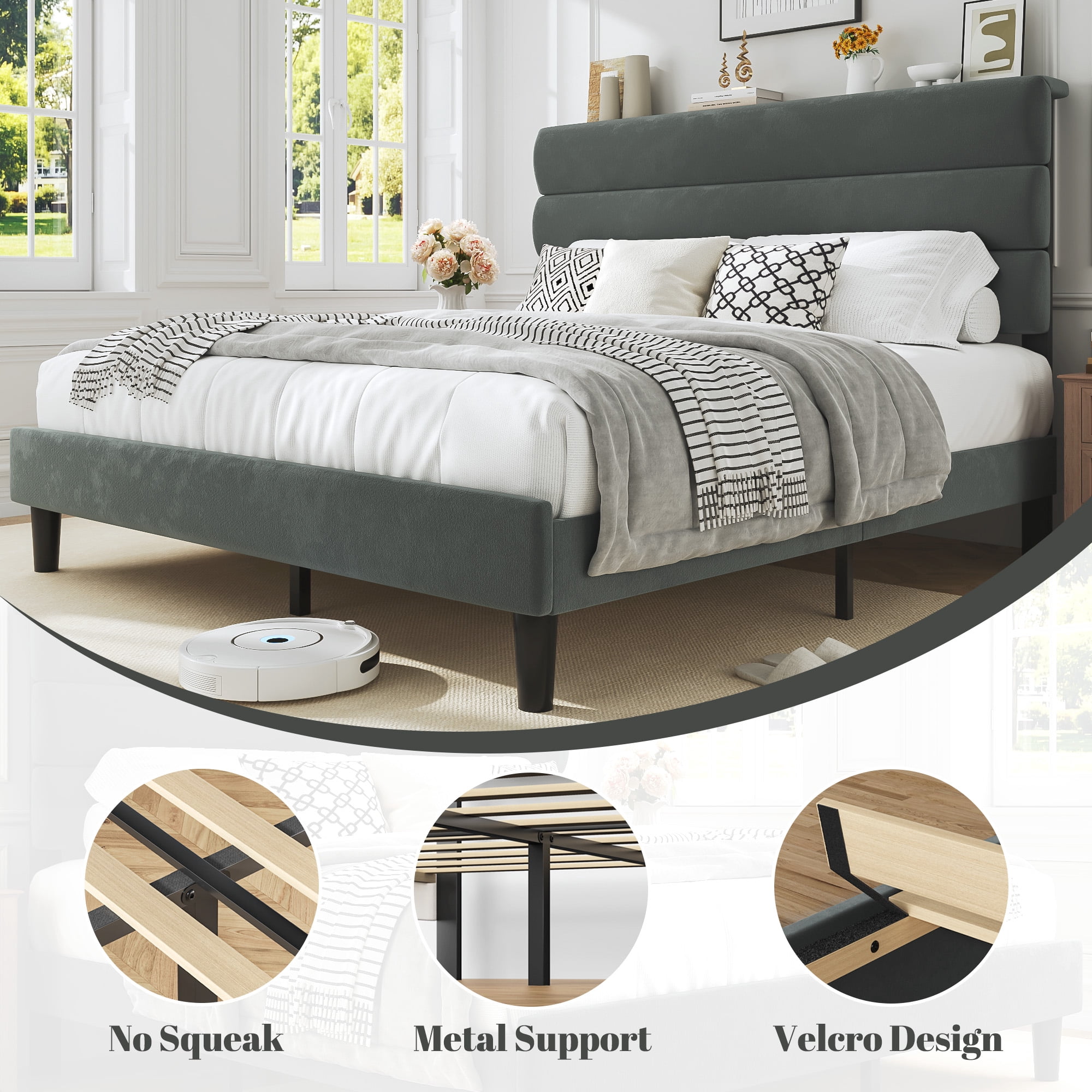 Bolvdo Queen Bed Frame with Velvet Upholstered Headboard, Metal Support, No Box Spring Needed, Noise Free, Easy Assembly, Grey
