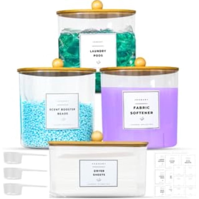 JOOBARY 4-Pack Laundry Detergent Containers & Dryer Sheet Holder - Laundry Room Organization & Storage - Laundry Pods Soap Dispenser, Labels, Beads