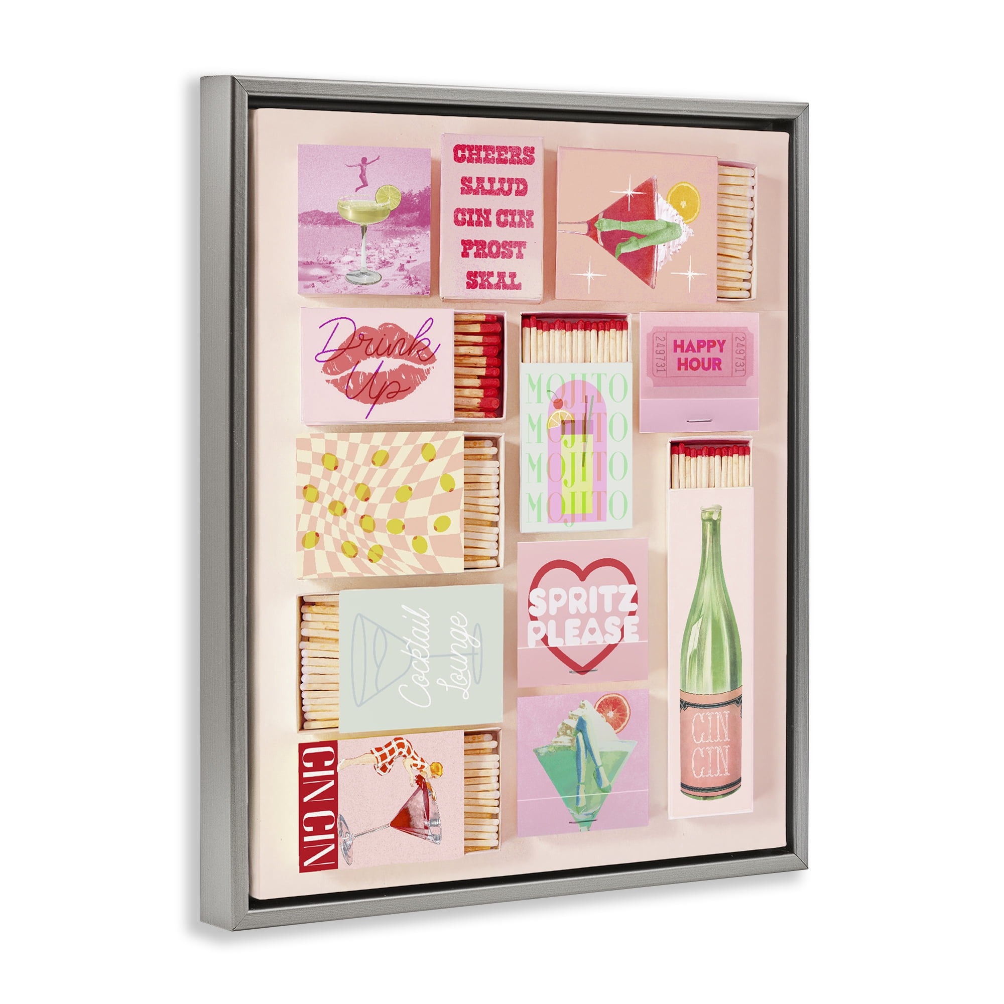 Glam Cocktails Retro Matches Gray Framed Floater Canvas Wall Art, design by Lil' Rue