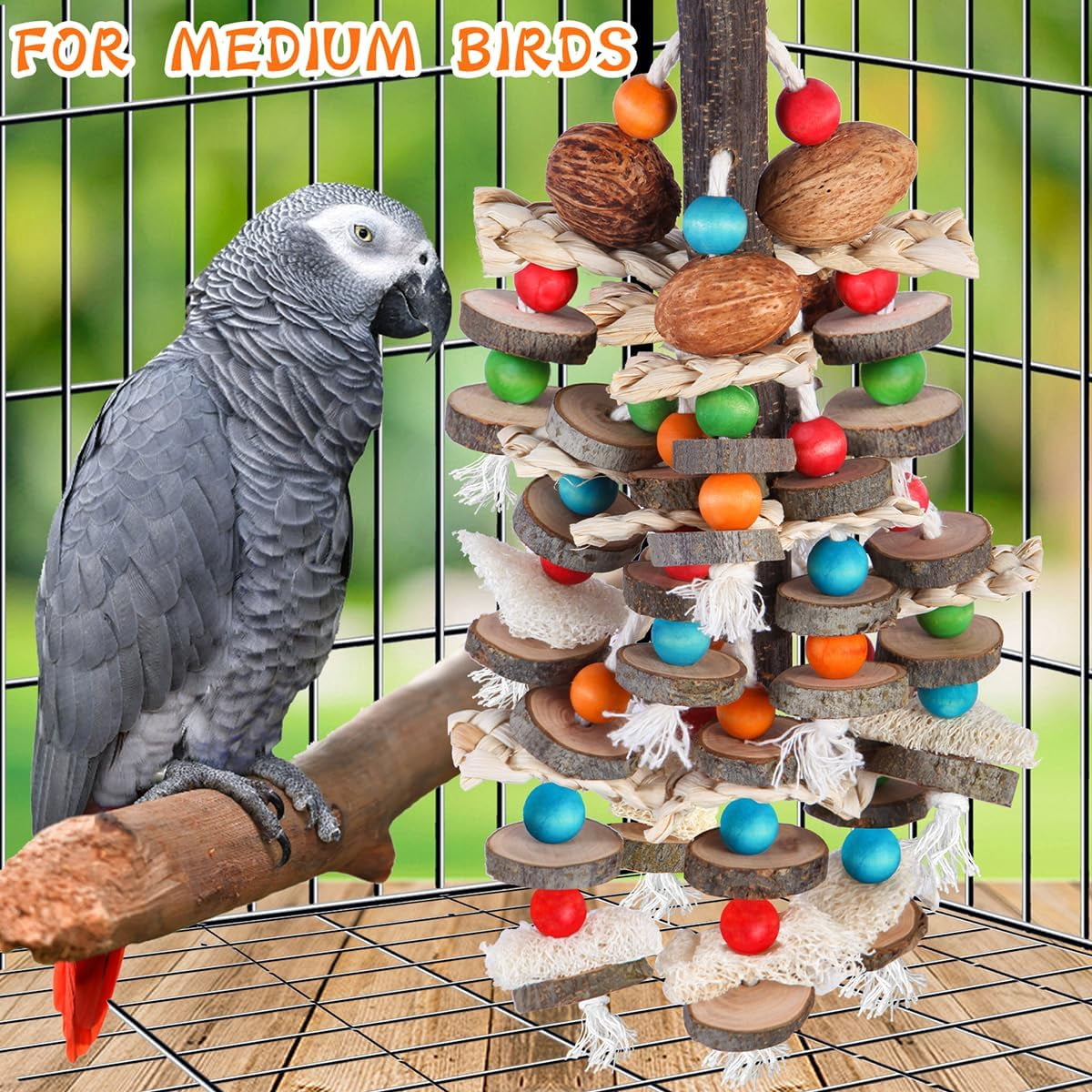 Parrot Toys Bird Chewing Toys-Natural Nuts Corn Loofah Wooden Bird Cage Toy for African Grey, Macaws, Conure, Cockatoos, Cockatiel, Amazon Parrots and Other Birds
