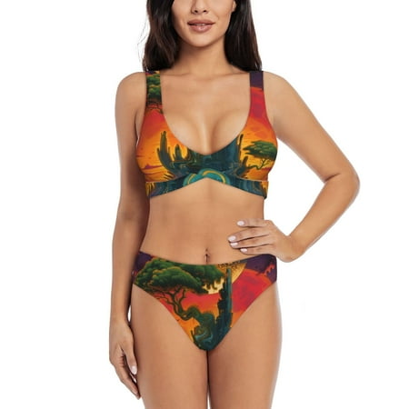 Zeuib Abstract Tree Castle High Waisted Tummy Control Bikini Set - Knot Front Push Up Top & Cheeky Thong Bottom  Two-Piece Swimsuit for Women-X-Large