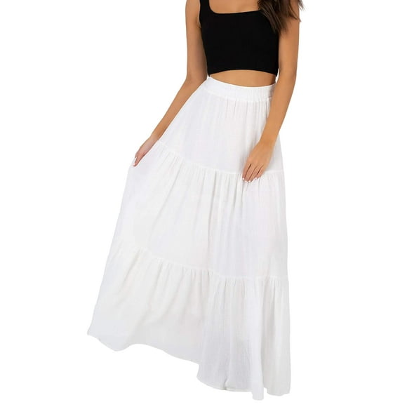 Annebouti Falda larga de mujer blanca con cintura elástica Boho Primavera Verano una línea de playa con gradas Maxi falda 2024