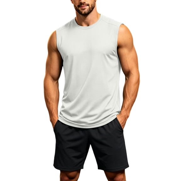 StSilkitty Men's 2 Piece Outfits Solid Color Sleeveless Crewneck Tank Tops and Shorts Set Summer Gym Running Tracksuits