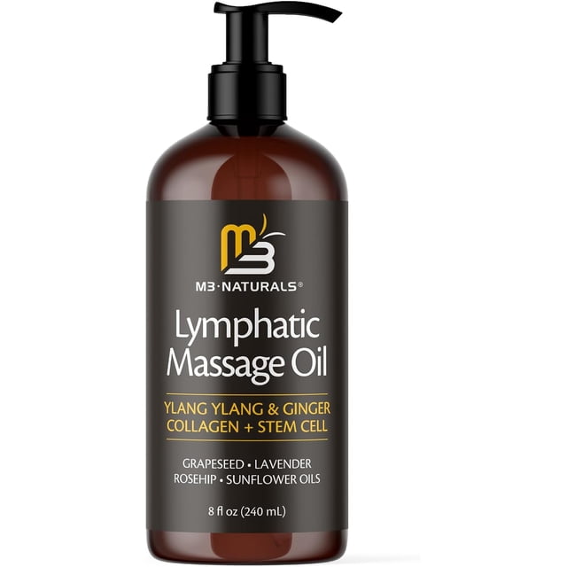 M3 Naturals Aceite de Masaje de Drenaje Linfático con Ylang Ylang y Jengibre, con Colágeno, para Masaje Corporal | 8 oz
