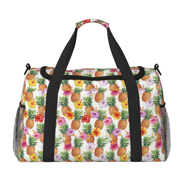Balery Hawaiian Pineapples And Hibiscus Flowers Bolsa de Gimnasio para Mujeres, Bolsa de Viaje con Bolsillo Húmedo, Bolsa de Fin de Semana para Mujeres, Bolsa de Viaje Resistente al Agua