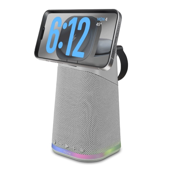 iHome Wireless Charger with Apple Watch Charger, Bluetooth Speaker, and Night Light - Grey (iPBT70G)
