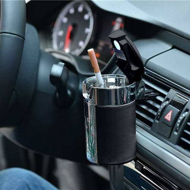 Cenicero de coche de fibra de carbono con LED, portátil, práctico y fácil de instalar, mini bote de basura de PVC negro.