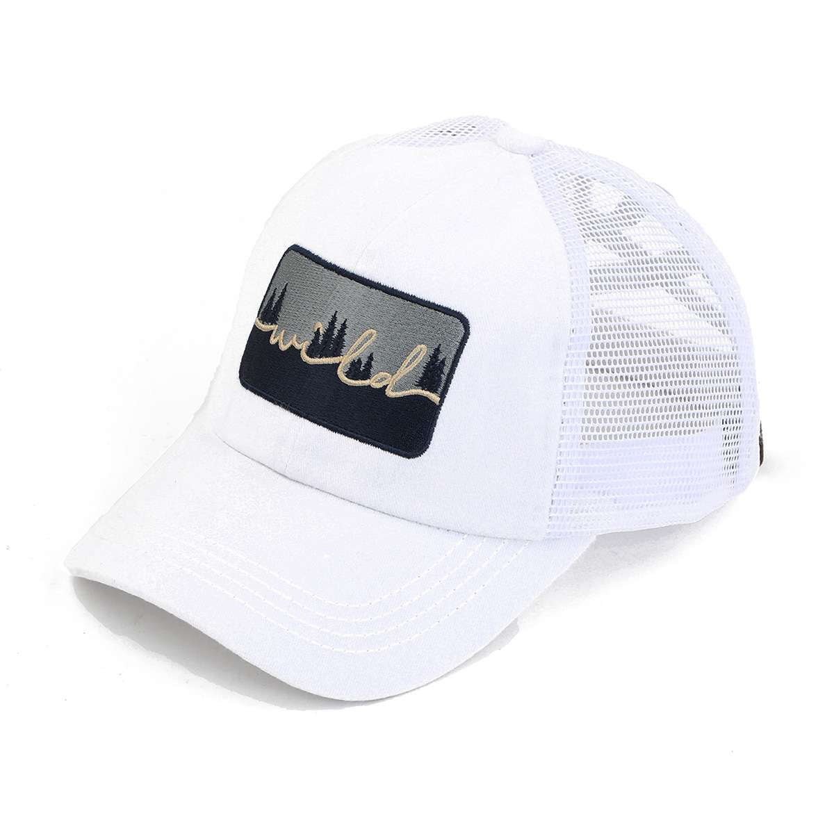 C.C Ponycap Adjustable Mesh Trucker Hat - Messy High Bun & Ponytail Hat With Criss Cross Stars/Flag Design, Black