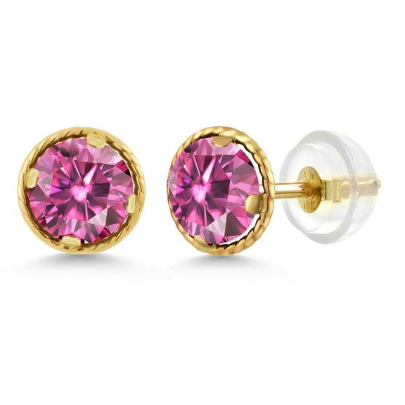 Gem Stone King 14K Yellow Gold Stud Earrings for Women Men Round Pink Moissanite 1.00cttw
