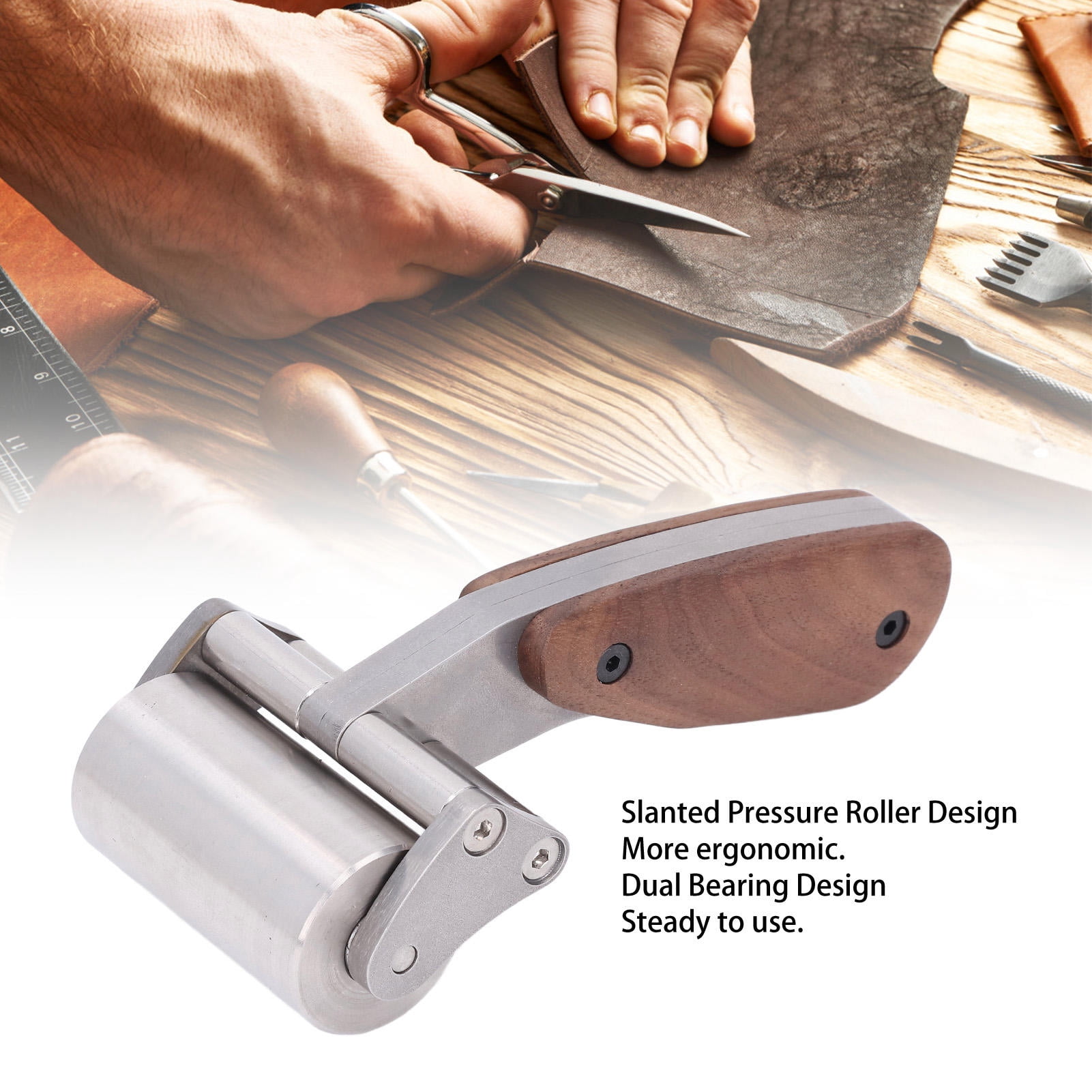 LAZIOEGR Leather Roller Stainless Steel Double Bearing Design Leather Press Edge Seam Roller Tool, Heavy Duty Crafting Accessory for Leather Gluing and Laminating, 7.48 inches / 19 cm Length