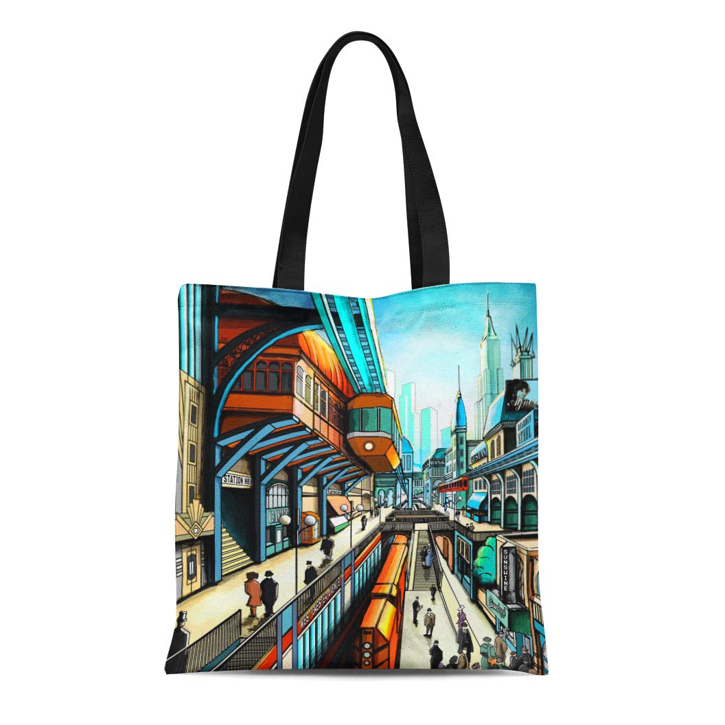POGLIP Canvas Bag Resuable Tote Grocery Shopping Bags City Street in